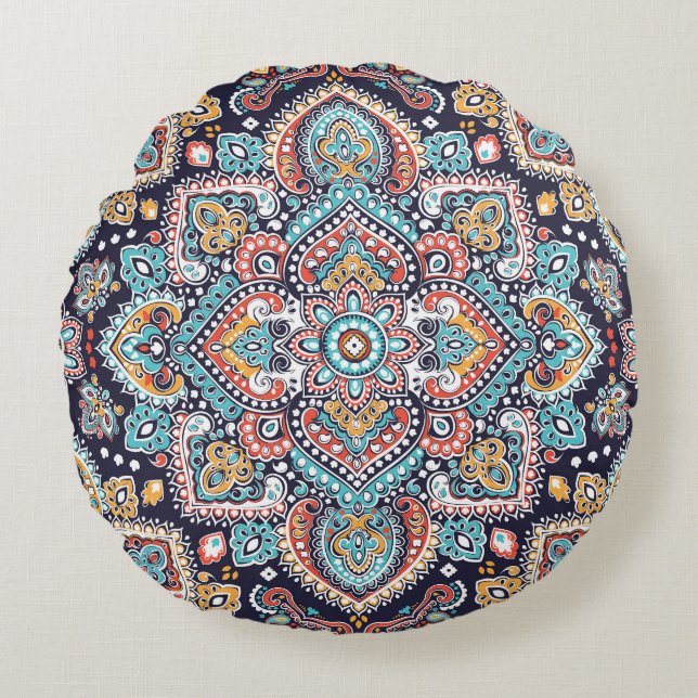 Indian Paisley: Ethnic Mandala Pattern Round Cushion (Front)