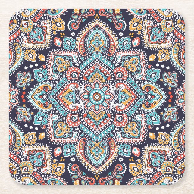 Indian Paisley: Ethnic Mandala Pattern Square Paper Coaster (Front)