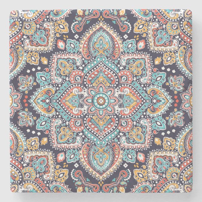 Indian Paisley: Ethnic Mandala Pattern Stone Coaster (Front)