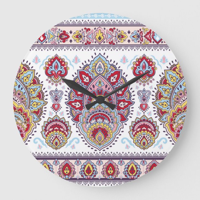 Indian paisley floral, ethnic medallion. large clock (Front)