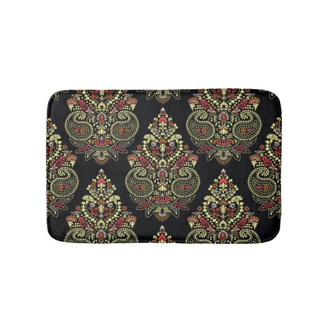 Indian paisley, geometric black background bath mat (Front)