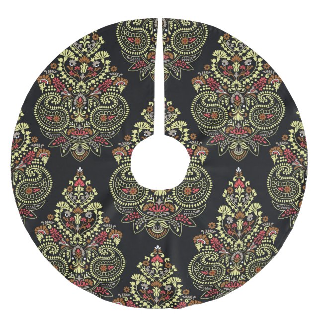 Indian paisley, geometric black background brushed polyester tree skirt (Front)