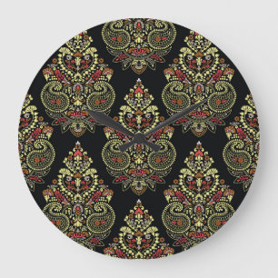 Indian paisley, geometric black background large clock