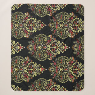 Indian paisley, geometric black background sherpa blanket
