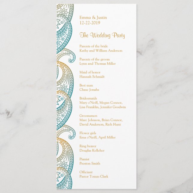 Indian Paisley Teal and Gold Wedding Programme (Front)