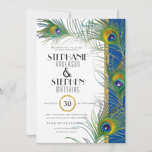 Indian Peacock Feathers Modern Gold Typography Invitation (Front)