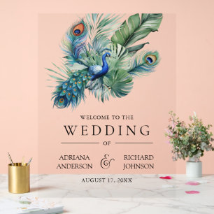 Indian Peacock Feathers Wedding Welcome Acrylic Sign
