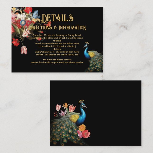 Indian Peacock Floral Wedding Details info card (Front/Back)
