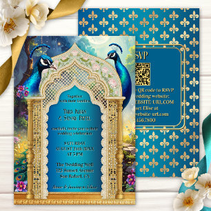 Indian Peacock Gold Arch Wedding Invitation