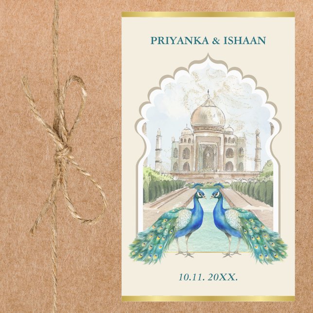 Indian Peacock Gold Taj Mahal Aesthetic Wedding Rectangular Sticker (Taj Mahal Peacock Gold Indian Wedding Custom Sticker Hindu Punjabi Mughal Palace)
