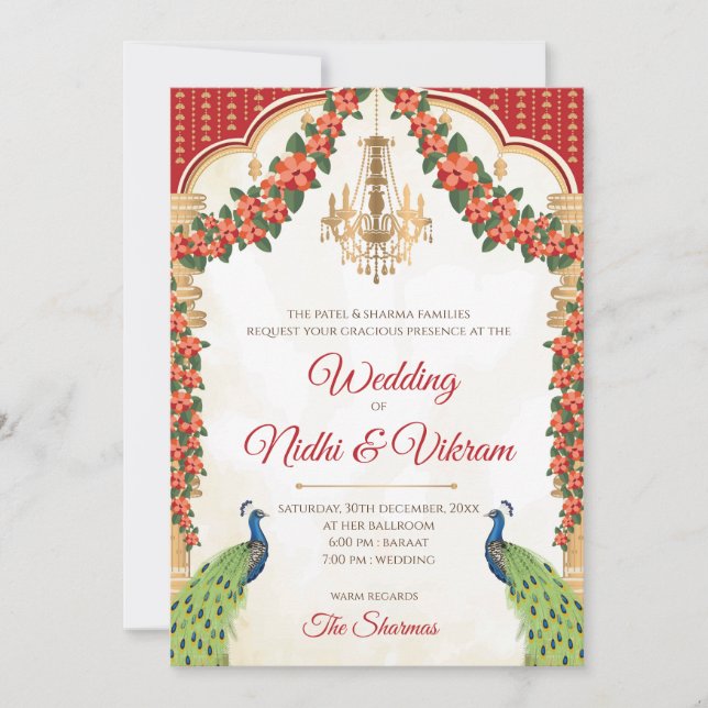 Indian Peacock invitations & Hindu wedding cards (Front)