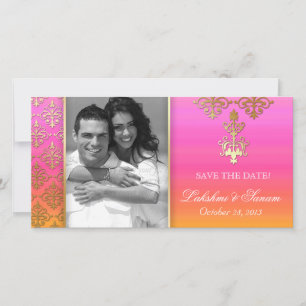 Indian Photo Card Save the Date Damask Pink Orange