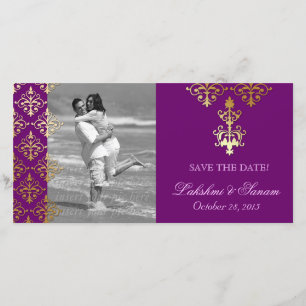 Indian Photo Card Save the Date Damask Purple Gold