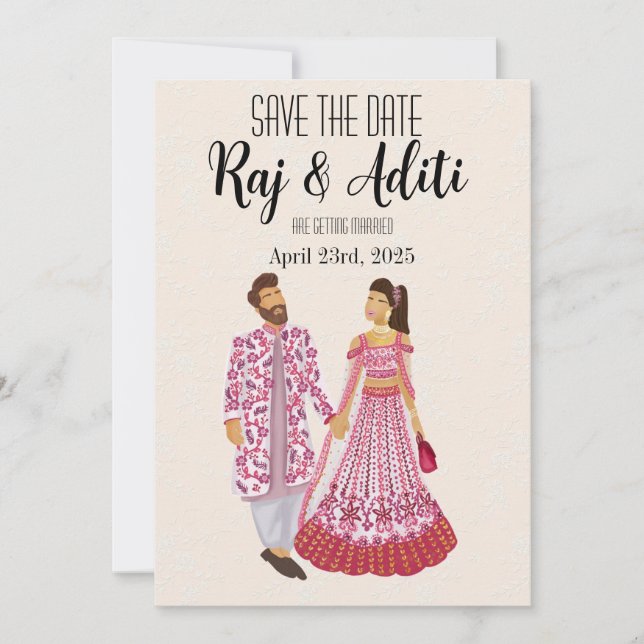 Indian Pink Wedding Illustrated Couple Save The Date (Front)