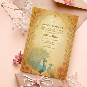 Indian Pre-Wedding Sangeet Ceremony Peacock Floral Invitation