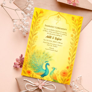 Indian Pre-Wedding Sangeet Ceremony Peacock Floral Invitation