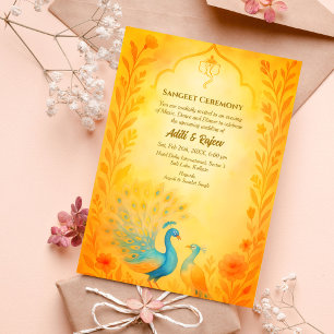 Indian Pre-Wedding Sangeet Ceremony Peacock Floral Invitation