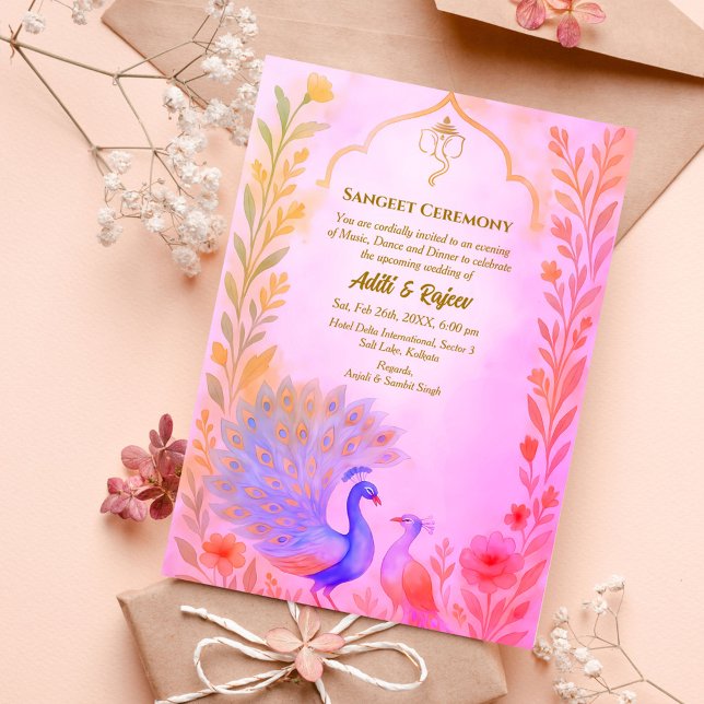 Indian Pre-Wedding Sangeet Ceremony Peacock Floral Invitation (Creator Uploaded)