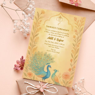Indian Pre-Wedding Sangeet Ceremony Peacock Floral Invitation