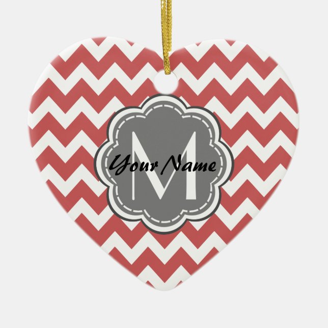 Indian Red Chevron Floral Grey Monogram Ceramic Tree Decoration (Front)