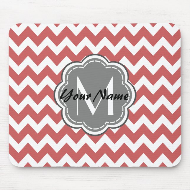 Indian Red Chevron Floral Grey Monogram Mouse Pad (Front)