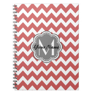 Indian Red Chevron Floral Grey Monogram Spiral Notebook