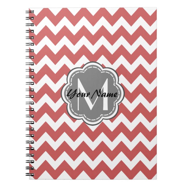 Indian Red Chevron Floral Grey Monogram Spiral Notebook (Front)