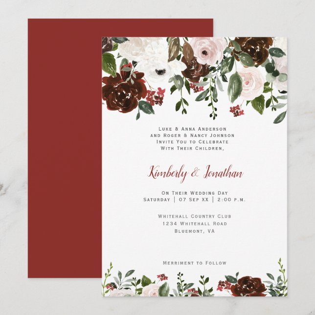 Indian Red Ivory Greenery Watercolor Floral Invitation (Front/Back)