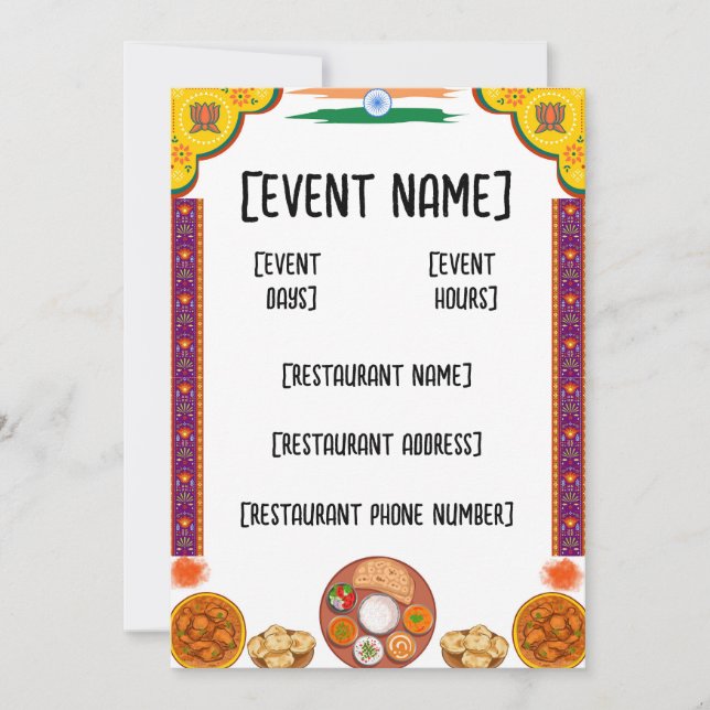 Indian restaurant event and inauguration invitation (Front)