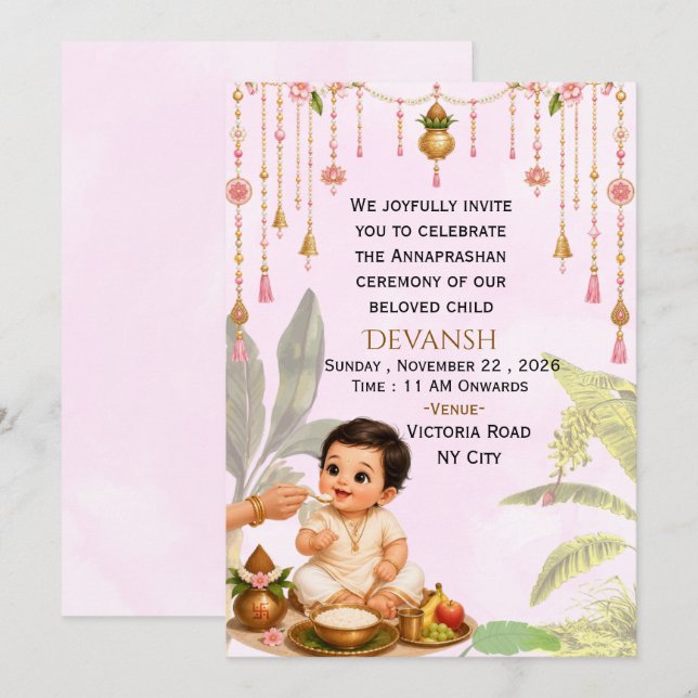 Indian Rice Ceremony Invitation editable template  (Front/Back)