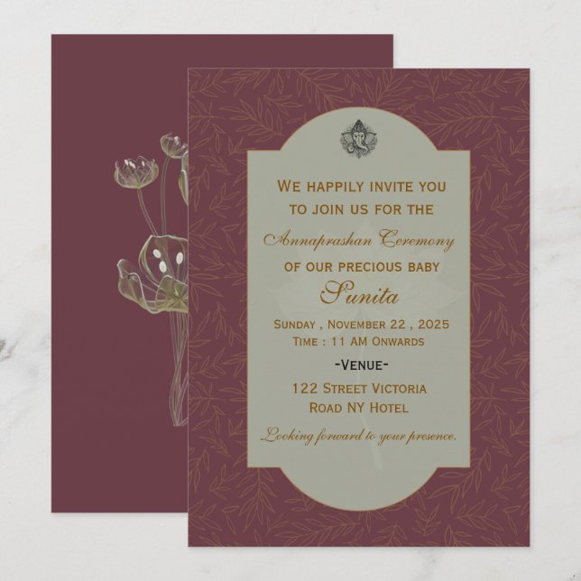 Indian Rice Feeding Ceremony Invitations  (Front/Back)