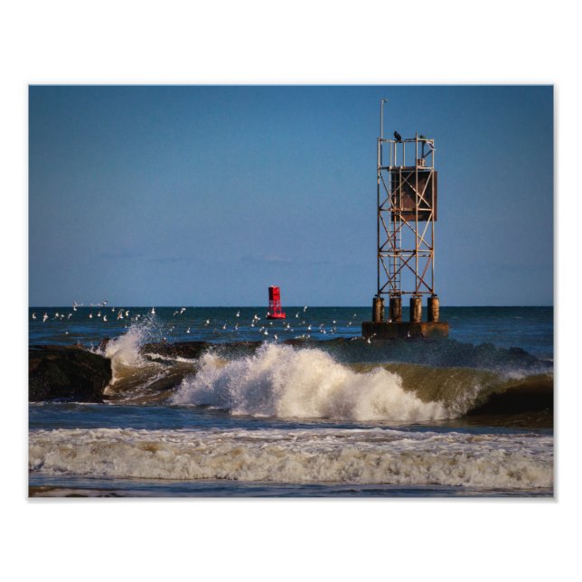Indian River Inlet Waves Gulls a Beacon and a Buoy Photo Print (Front)