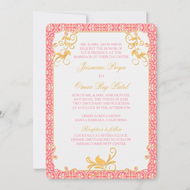 Indian Rococo Floral Pink Gold Wedding Invitation (Front)