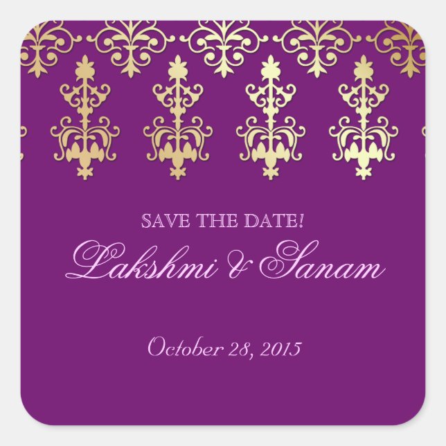 Indian Save Date Wedding Stickers Purple Gold (Front)