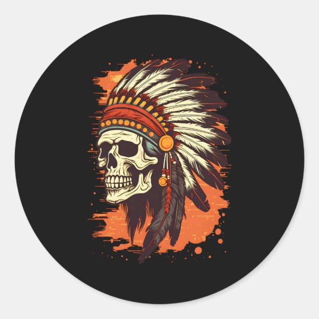 Indian Skull Indian Headdress Skull Chief For Classic Round Sticker (Front)