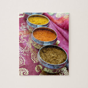 Indian Spice Pots on Pink and Gold Sari Jigsaw Puzzle
