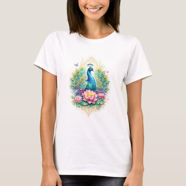 Indian Spring - Peacock with Lotus & Gold T-Shirt (Front)