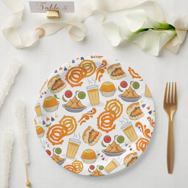 Indian Street Food Pattern Colourful Festive Chai  Paper Plate (Wedding)