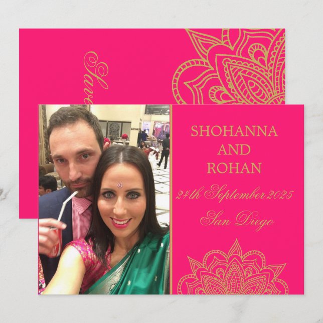 Indian Style Gold Pink Photo Wedding Save The Date Announcement (Front/Back)