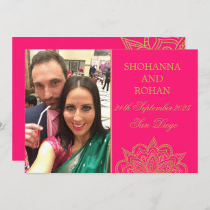 Indian Style Gold Pink Photo Wedding Save The Date Announcement