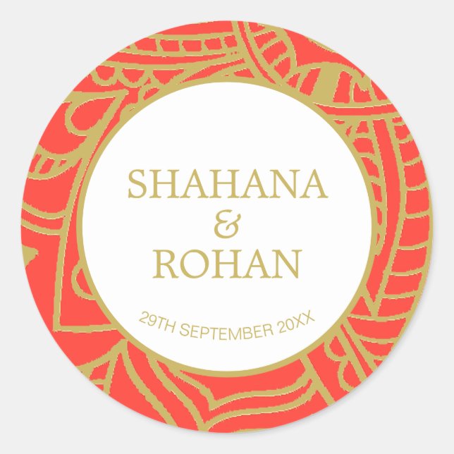 Indian Style Orange Gold  Modern Wedding   Classic Round Sticker (Front)