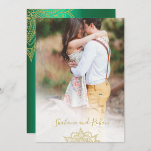 Indian Style Photo Green Gold Modern Chic Wedding Invitation