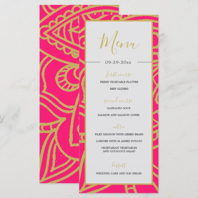 Indian Style Pink  Gold Colour Chic Wedding  Menu (Front/Back)