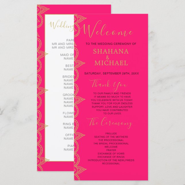 Indian Style Pink Gold Colour Wedding Program Programme (Front/Back)