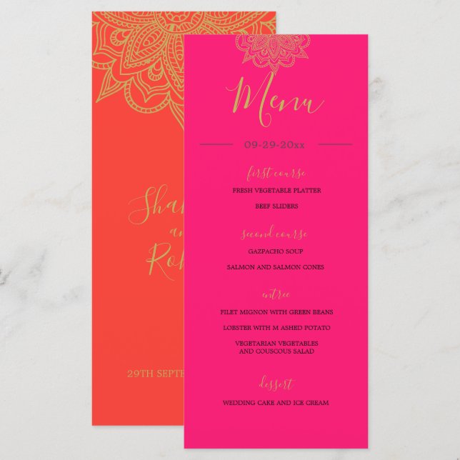Indian Style Pink Orange Gold Colour Chic Wedding  Menu (Front/Back)
