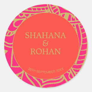Indian Style Pink Orange Gold  Modern Wedding  Cla Classic Round Sticker