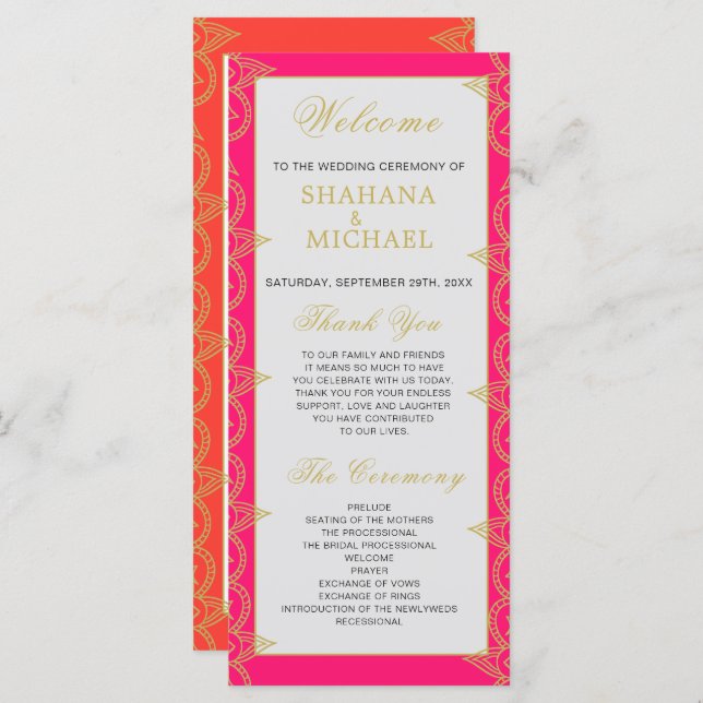 Indian Style Pink Orange Gold  Wedding Program Programme (Front/Back)