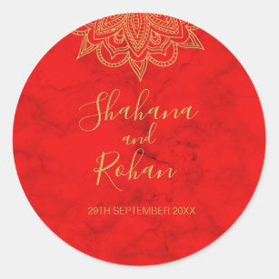 Indian Style Red Gold Coloured Modern Chic Wedding Classic Round Sticker