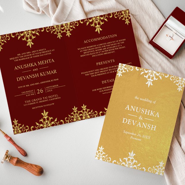 Indian Style Red Gold Damask Wedding Invitation (Creator Uploaded)