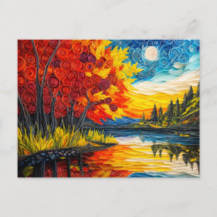 Indian Summer Lake Scene in Quilling Postcard